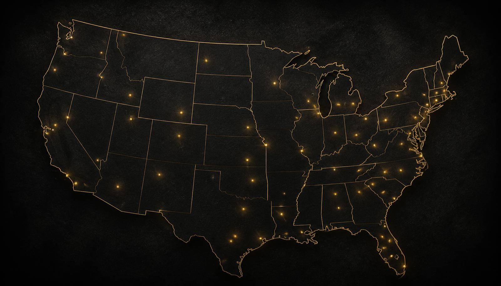 Outline map of the United States representing the future Winsome certified partner service network